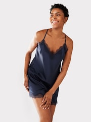 Chelsea Peers Navy Blue Satin Lace Trim Cami Short Pyjama Set - Image 4 of 5