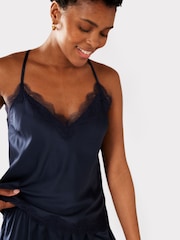 Chelsea Peers Navy Blue Satin Lace Trim Cami Short Pyjama Set - Image 5 of 5
