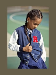 ONLY KIDS Blue Denim Varsity Bomber 100% Cotton Jacket - Image 1 of 3