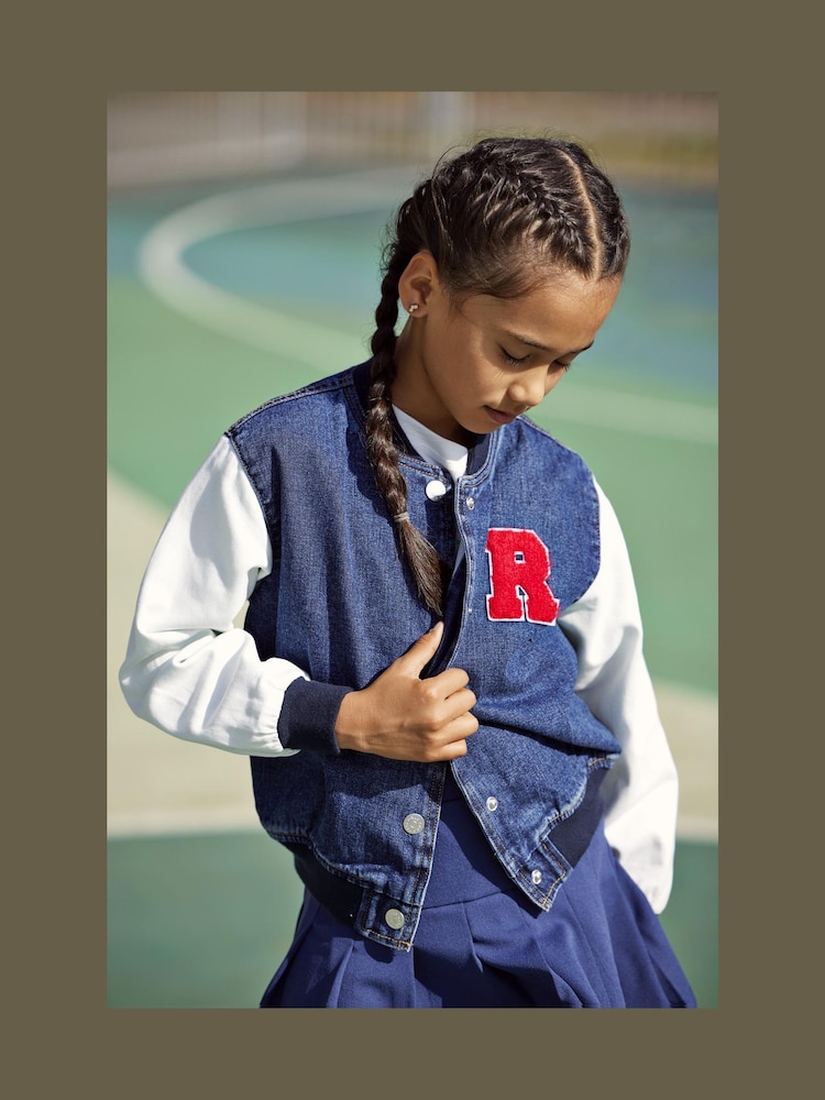 ONLY KIDS Blue Denim Varsity Bomber 100% Cotton Jacket - Image 1 of 3