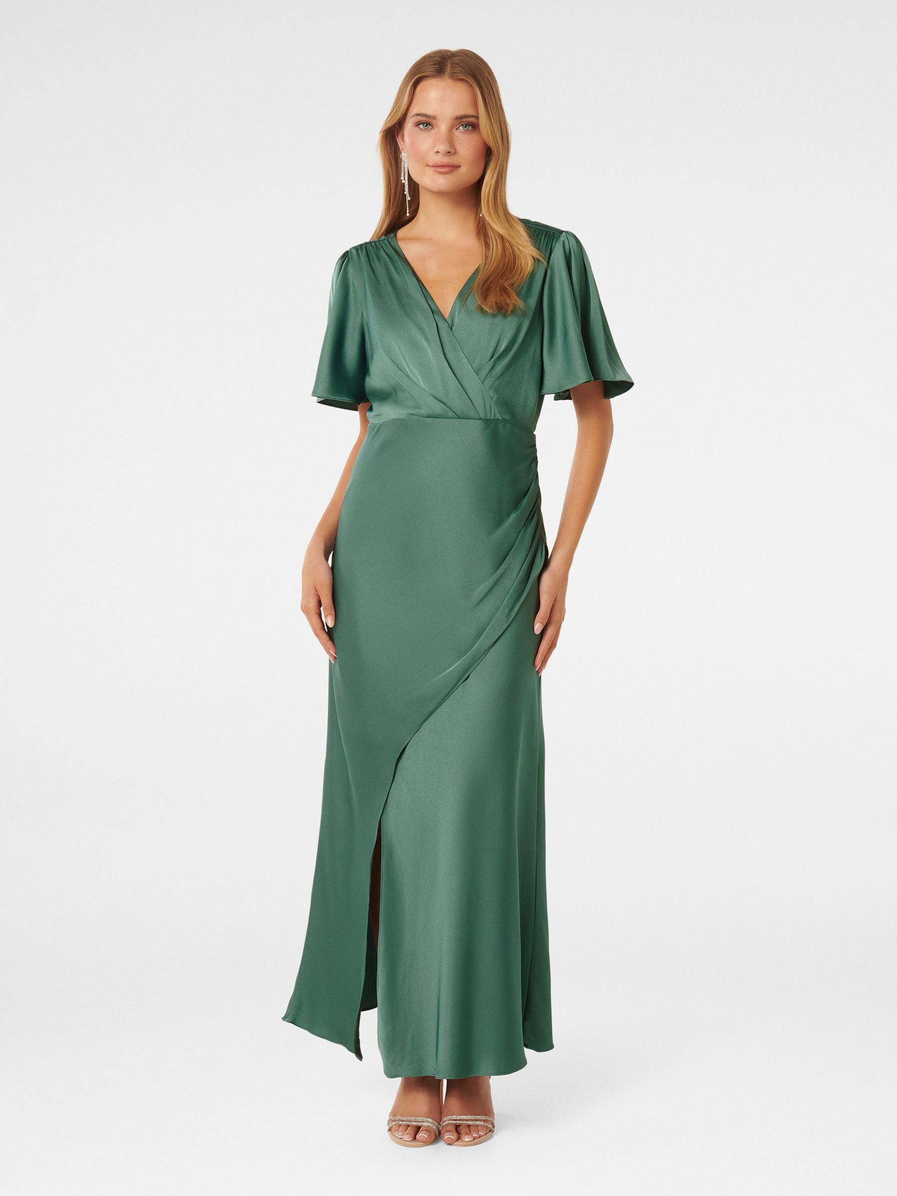 Forever New Green Chelsea Flutter Sleeve Satin Maxi Dress