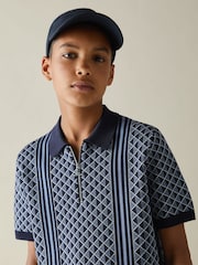 Reiss Navy/Airforce Blue Sanderson 9-13 yrs Diamond Stitch Half-Zip Polo Shirt - Image 1 of 4