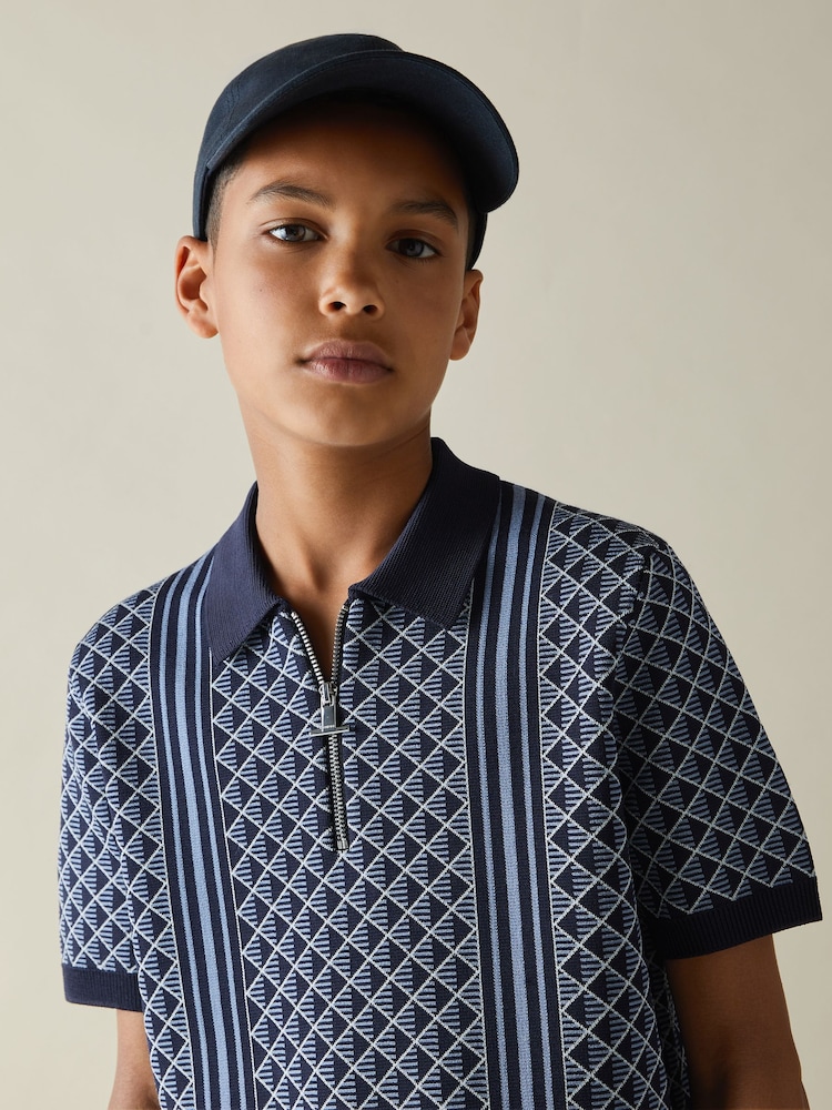Reiss Navy/Airforce Blue Sanderson 9-13 yrs Diamond Stitch Half-Zip Polo Shirt - Image 1 of 4