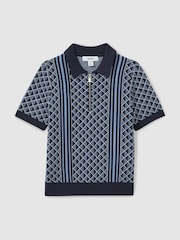 Reiss Navy/Airforce Blue Sanderson 9-13 yrs Diamond Stitch Half-Zip Polo Shirt - Image 2 of 4