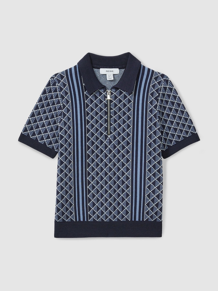 Reiss Navy/Airforce Blue Sanderson 9-13 yrs Diamond Stitch Half-Zip Polo Shirt - Image 2 of 4