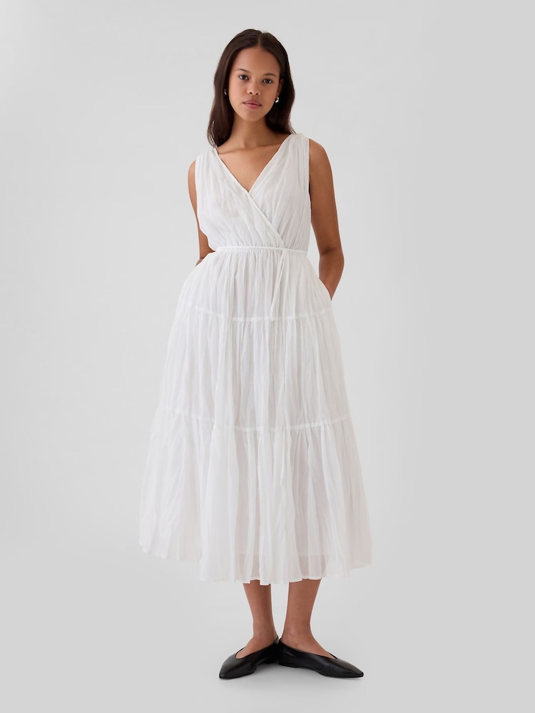 Gap White Pleated Tiered V Neck Midi Dress - Image 1 of 1 Gap White Pleated Tiered V Neck Midi Dress - Image 1 of 1