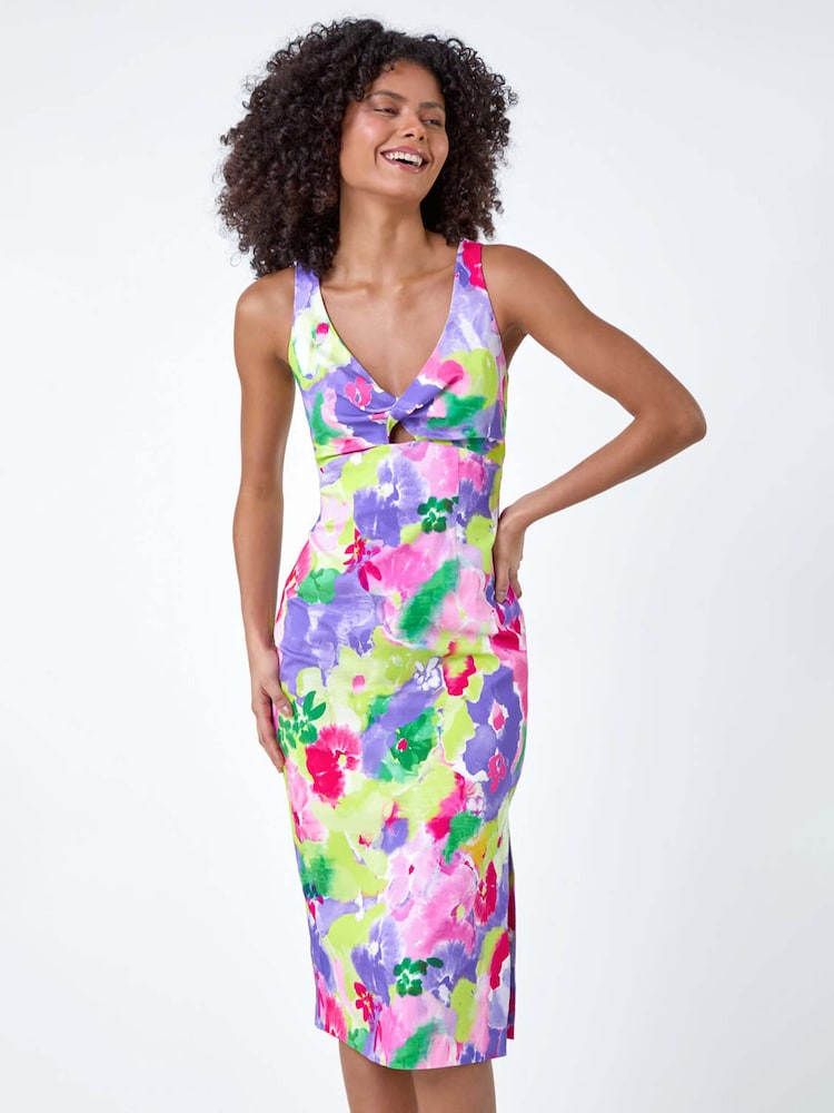 Dusk Multi Floral Cut Out Twist Stretch Dress - Image 1 of 4