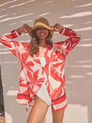 Red/White 100% Cotton Beach Shirt Cover-Up - Image 1 of 6