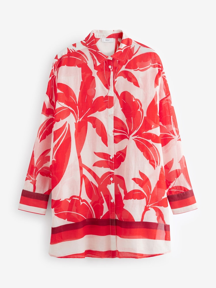 Red/White 100% Cotton Beach Shirt Cover-Up - Image 5 of 6