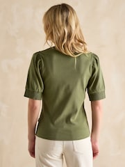 Joules Tabitha Khaki Green Ribbed V-Neck Top With Puff Sleeves - Image 2 of 4