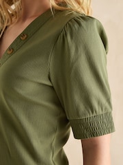 Joules Tabitha Khaki Green Ribbed V-Neck Top With Puff Sleeves - Image 3 of 4