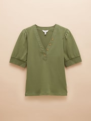 Joules Tabitha Khaki Green Ribbed V-Neck Top With Puff Sleeves - Image 4 of 4