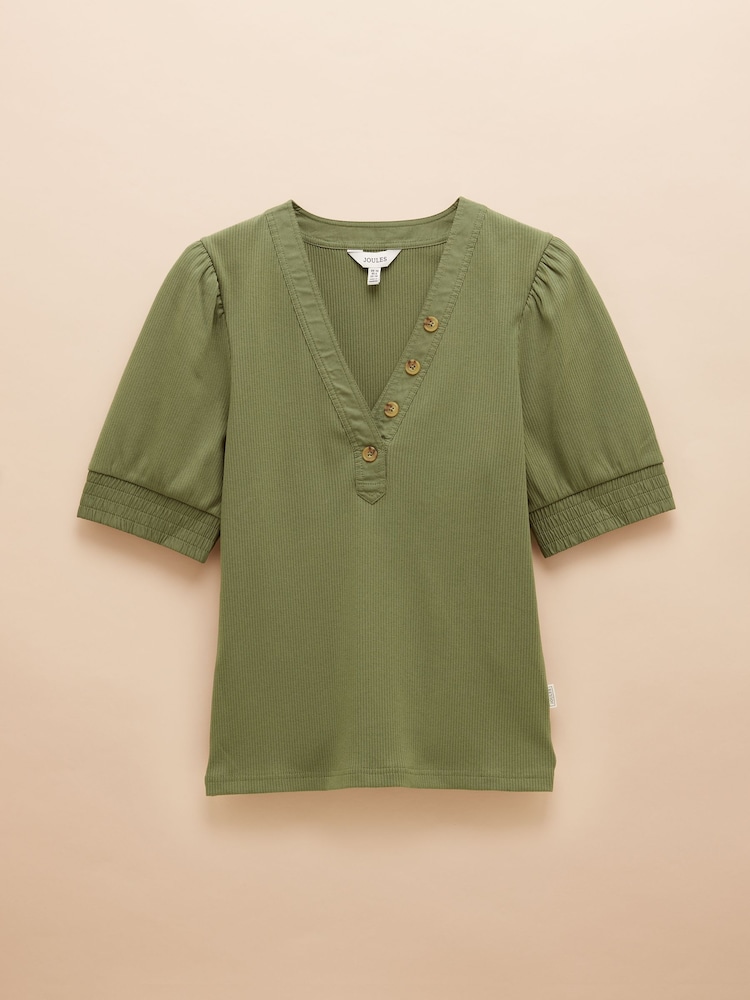 Joules Tabitha Khaki Green Ribbed V-Neck Top With Puff Sleeves - Image 4 of 4