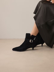 Black Suede Buckle Detail Western Boho Ankle Boots - Image 1 of 8