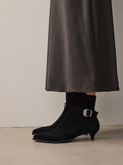 Black Suede Buckle Detail Western Boho Ankle Boots - Image 2 of 8