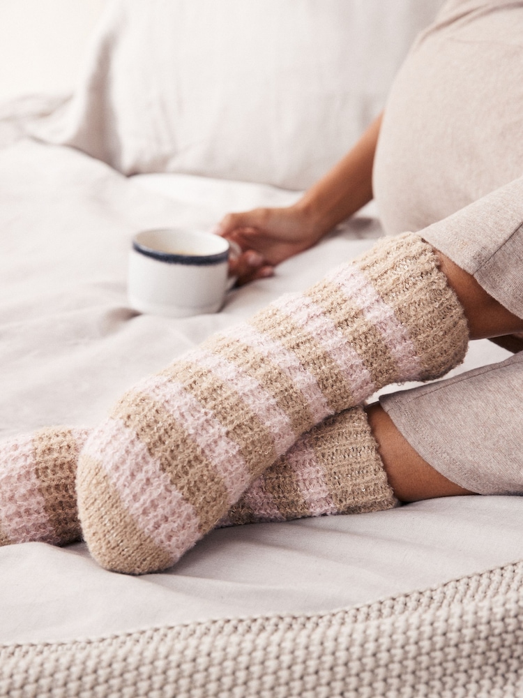 Pink/Oatmeal Stripe Chunky Slipper Socks 1 Pack - Image 1 of 5 Pink/Oatmeal Stripe Chunky Slipper Socks 1 Pack - Image 1 of 5