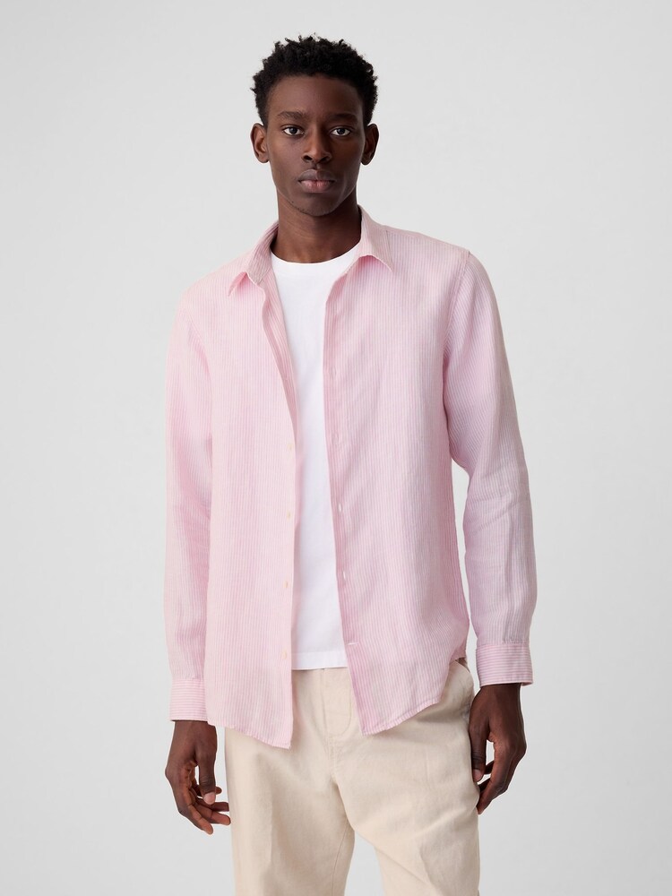 Gap Pink Stripe Soft Linen Long Sleeve Shirt - Image 1 of 1 Gap Pink Stripe Soft Linen Long Sleeve Shirt - Image 1 of 1