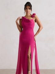 Club L London Fuchsia Pink Angeline Chiffon Draped Split Maxi Dress With Corsages - Image 1 of 5