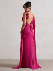 Club L London Fuchsia Pink Angeline Chiffon Draped Split Maxi Dress With Corsages - Image 2 of 5