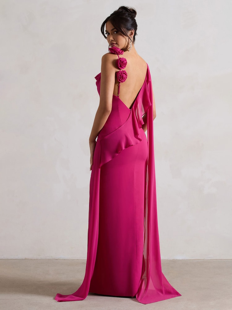 Club L London Fuchsia Pink Angeline Chiffon Draped Split Maxi Dress With Corsages - Image 2 of 5