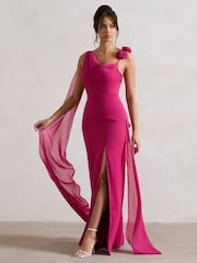 Club L London Fuchsia Pink Angeline Chiffon Draped Split Maxi Dress With Corsages - Image 3 of 5