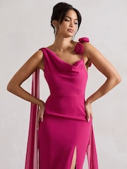 Club L London Fuchsia Pink Angeline Chiffon Draped Split Maxi Dress With Corsages - Image 4 of 5