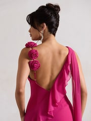Club L London Fuchsia Pink Angeline Chiffon Draped Split Maxi Dress With Corsages - Image 5 of 5
