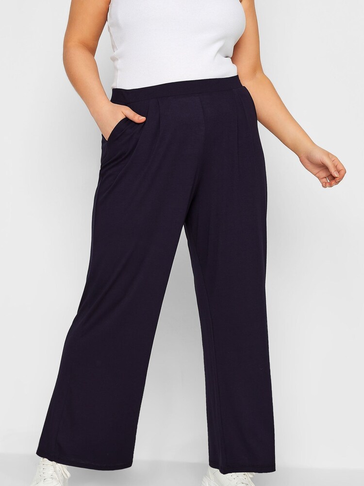 Yours Curve Blue Pleated Front Wide Leg Trousers - Image 1 of 5