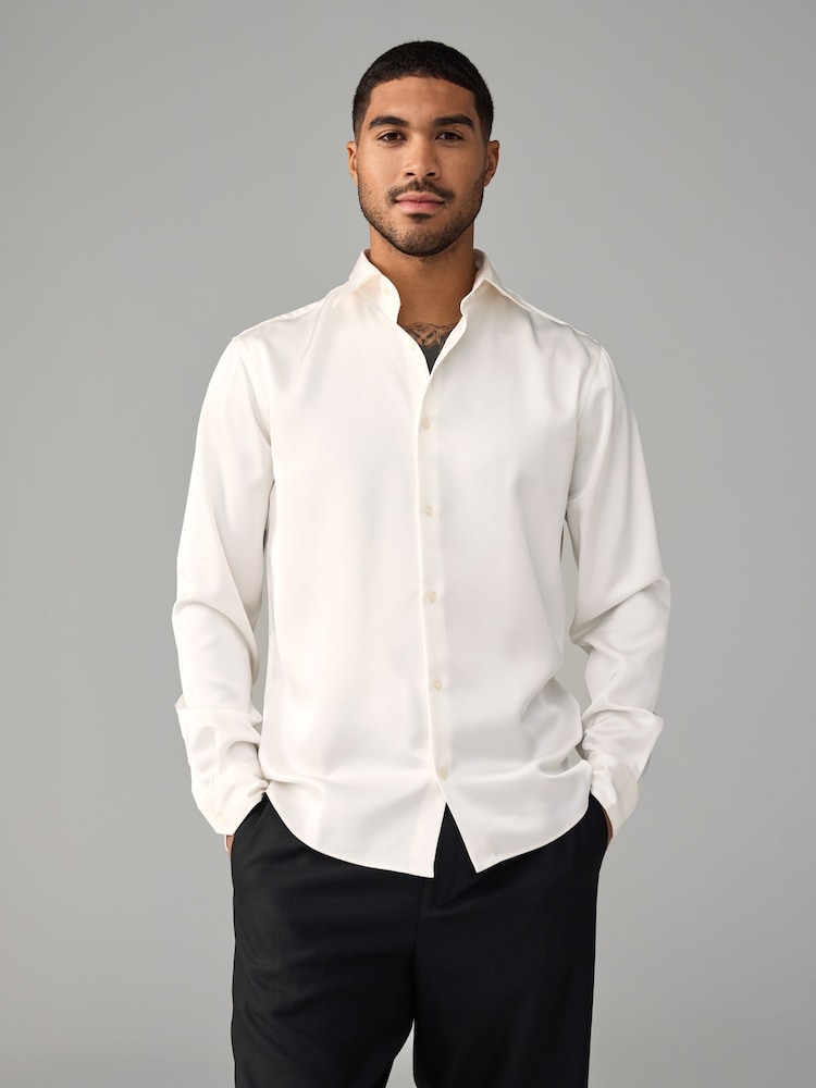 Ivory White Regular Fit EDIT Satin Long Sleeve Shirt - Image 1 of 8