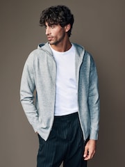 Grey Regular Fit Knit Zip Up Hoodie with Wool - Image 1 of 8