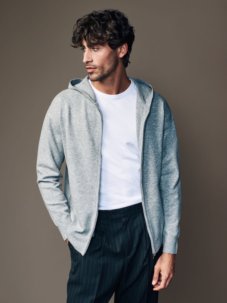 Grey Regular Fit Knit Zip Up Hoodie with Wool - Image 1 of 8
