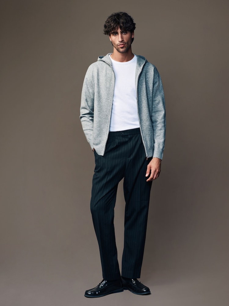 Grey Regular Fit Knit Zip Up Hoodie with Wool - Image 2 of 8