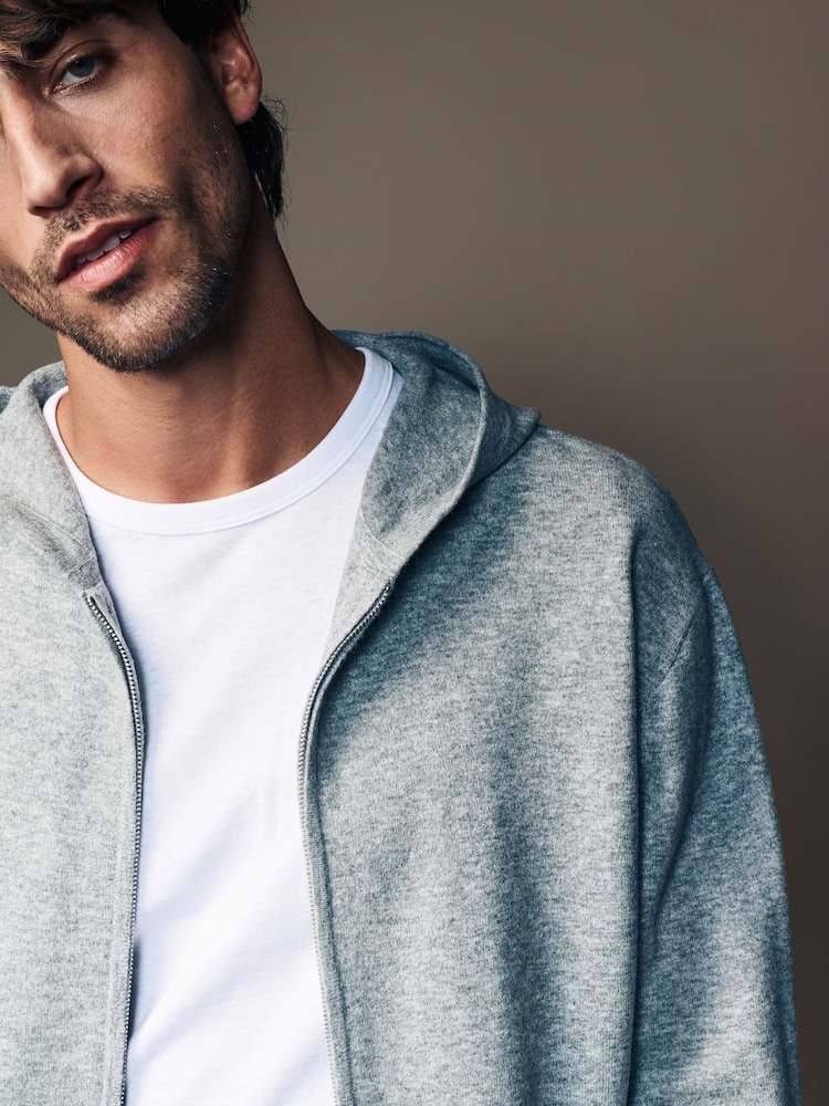 Grey Regular Fit Knit Zip Up Hoodie with Wool - Image 4 of 8