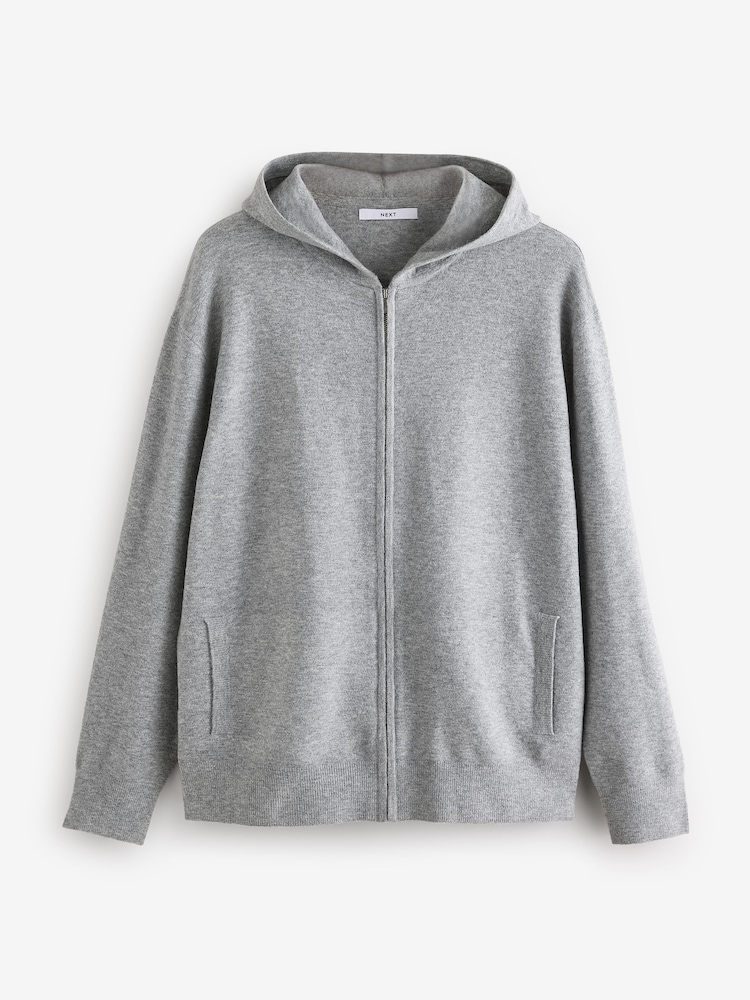 Grey Regular Fit Knit Zip Up Hoodie with Wool - Image 6 of 8