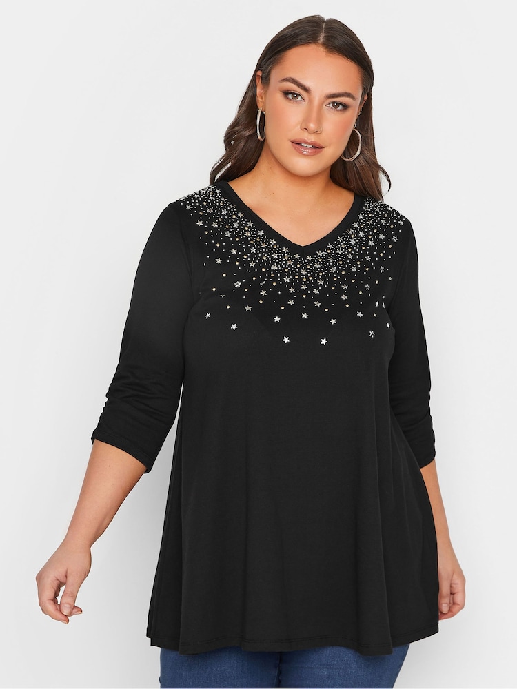 Yours Curve Black Star Stud Embellished Top - Image 1 of 4