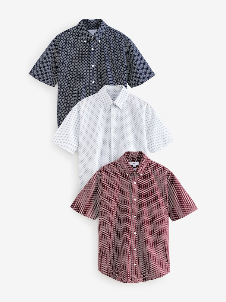 Burgundy/Navy Blue/White Short Sleeve Printed 100% Cotton Oxford Shirts 3 Pack - Image 1 of 13