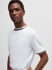BOSS White Mercerised 100% Cotton Signature-Stripe Details T-Shirt - Image 1 of 5