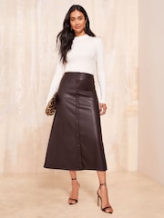 Friends Like These Brown Faux Leather Button Through Midi Skirt - Image 1 of 4