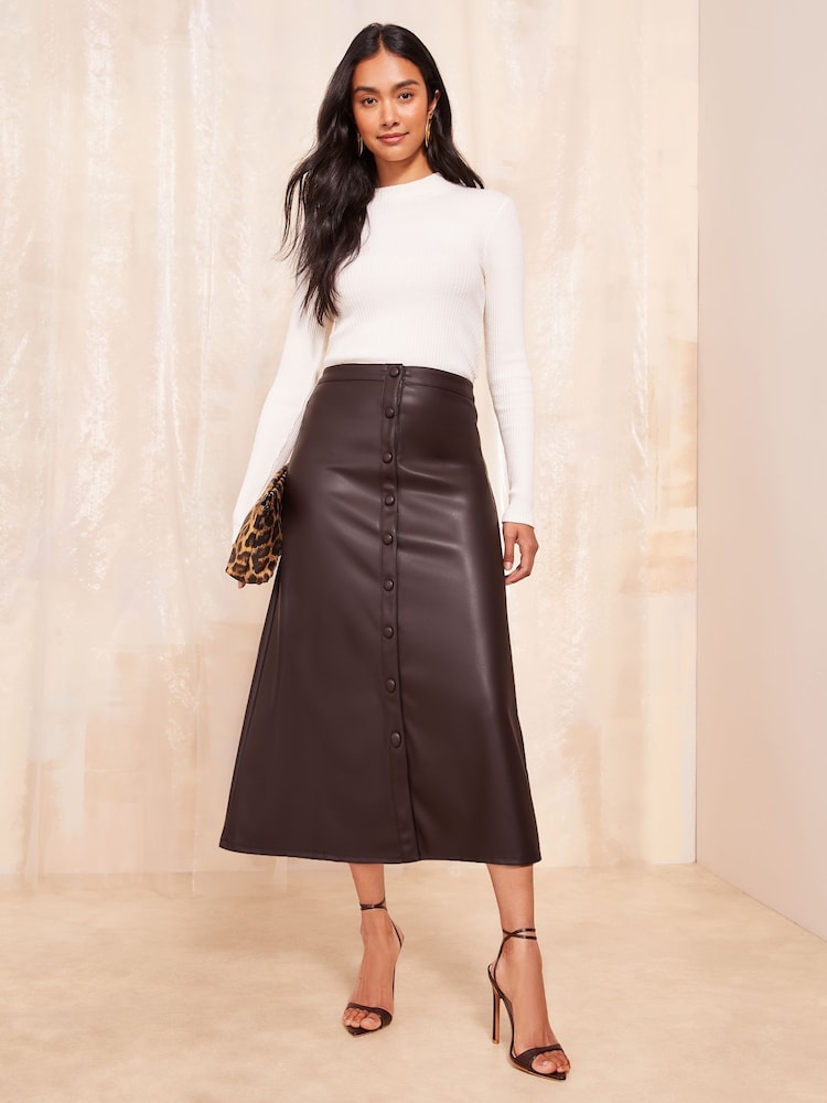 Friends Like These Brown Faux Leather Button Through Midi Skirt - Image 1 of 4