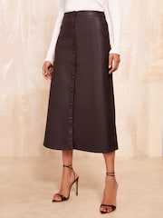 Friends Like These Brown Faux Leather Button Through Midi Skirt - Image 2 of 4