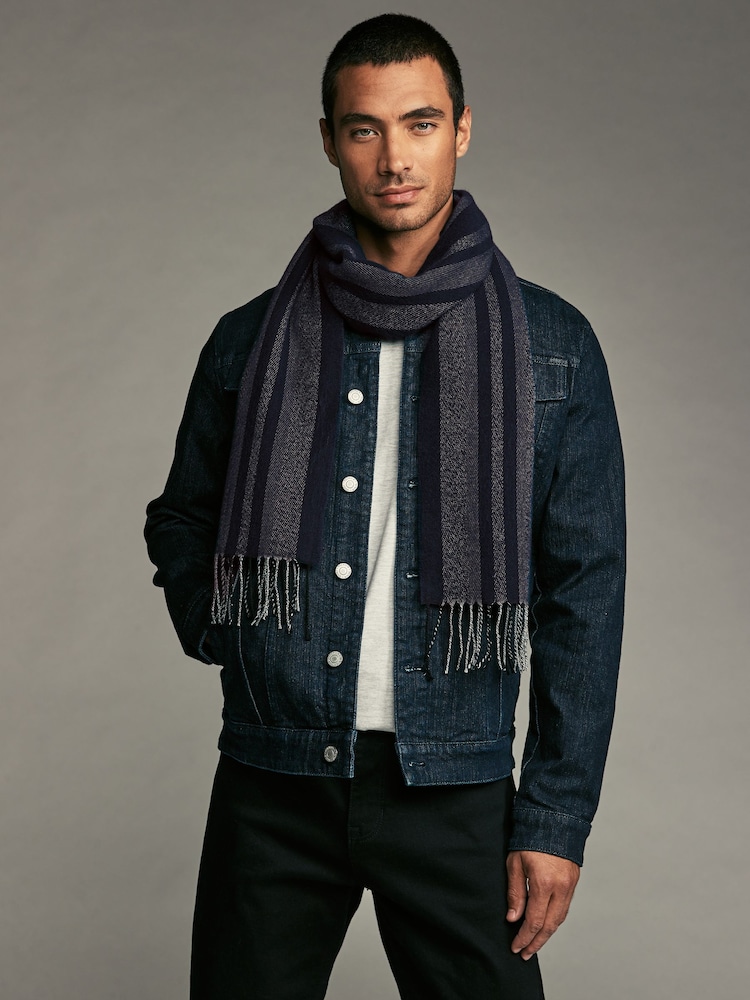 Navy Blue Stripe Woven Scarf - Image 1 of 6 Navy Blue Stripe Woven Scarf - Image 1 of 6