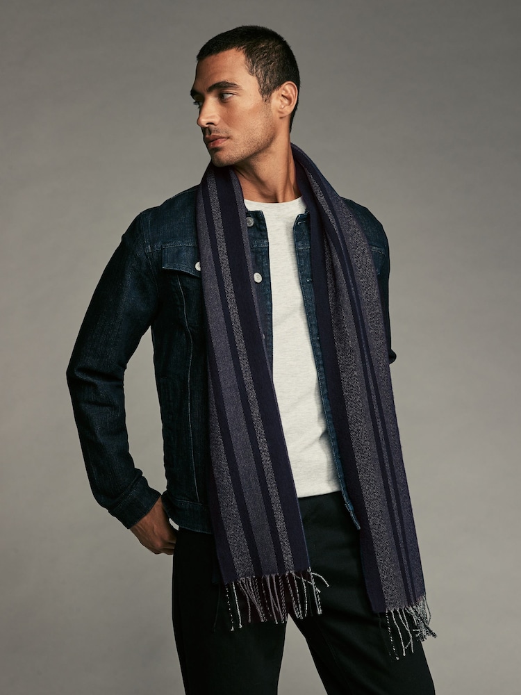 Navy Blue Stripe Woven Scarf - Image 2 of 6 Navy Blue Stripe Woven Scarf - Image 2 of 6