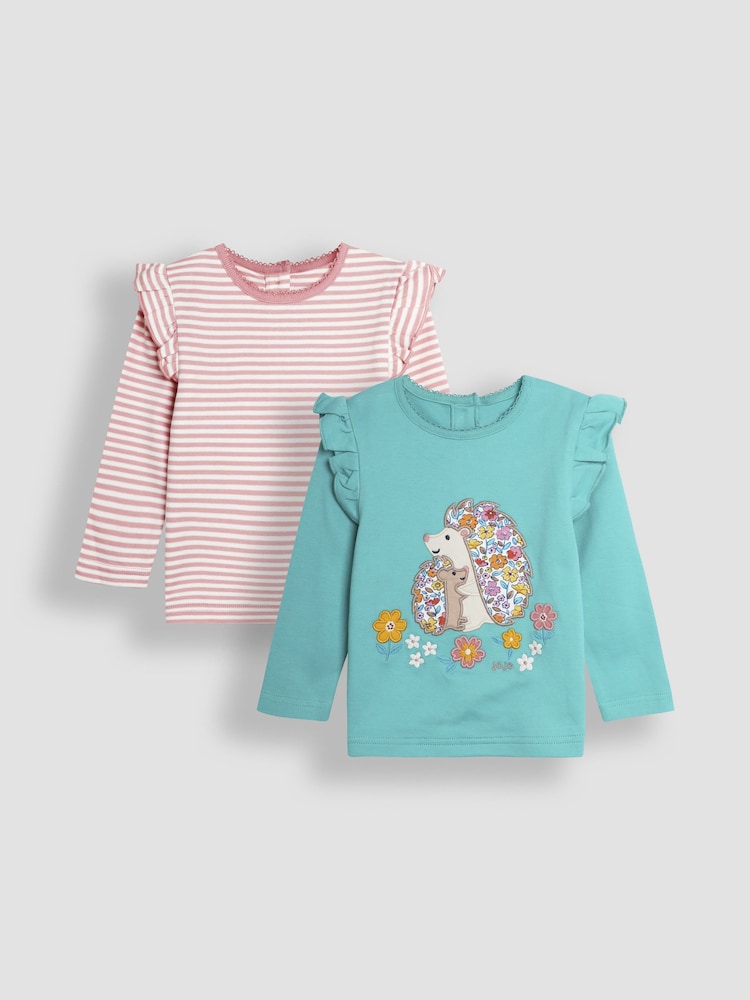 JoJo Maman Bébé Duck Egg Floral and Stripe Frill Tops 2 Pack - Image 1 of 5