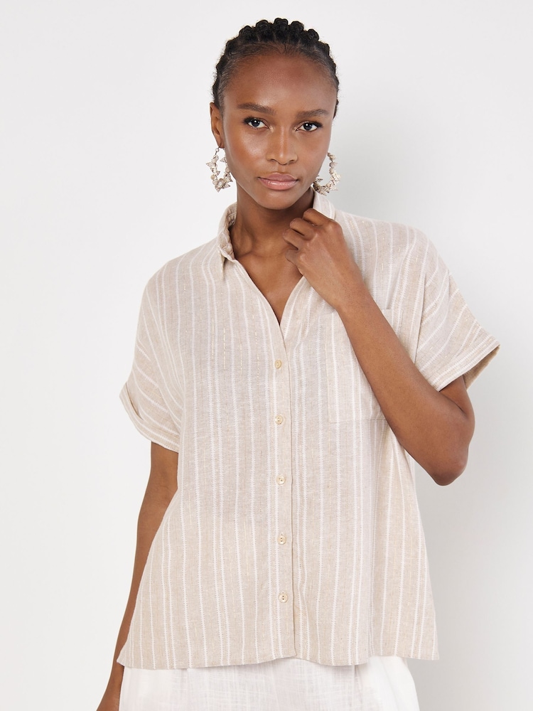 Apricot Natural Linen Boxy Sleeve Shirt - Image 2 of 5 Apricot Natural Linen Boxy Sleeve Shirt - Image 2 of 5