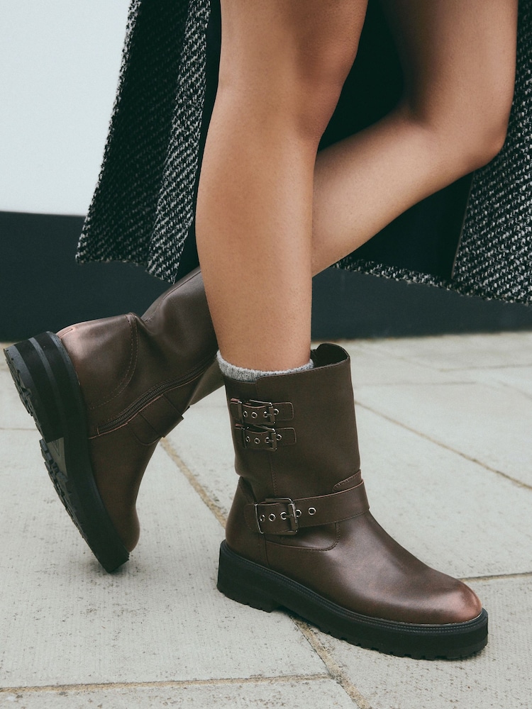 Chocolate Brown Standard/Wide Fit Forever Comfort® Buckle Biker Ankle Boots - Image 1 of 12