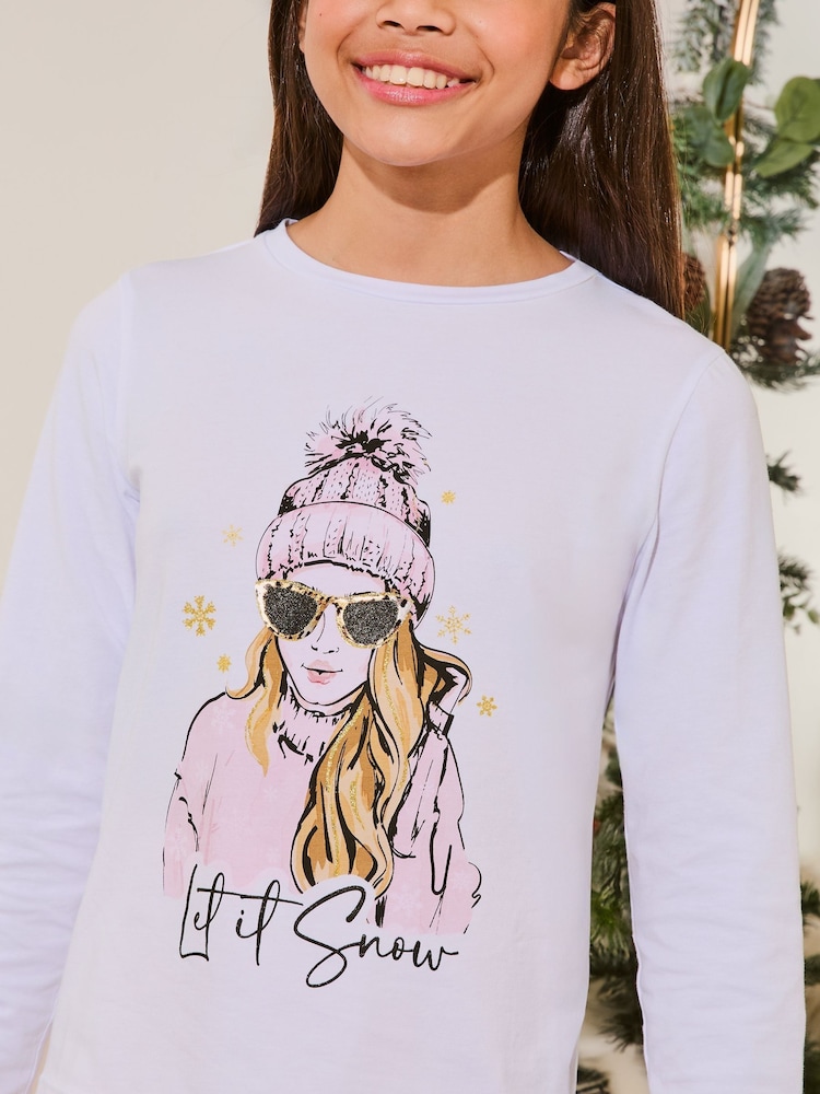 Lipsy White/Pink Christmas Jersey Pyjamas Trousers Set (From 3-16yrs) - Image 2 of 4