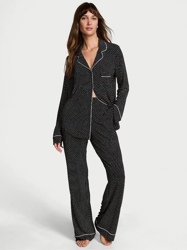 Victoria's Secret Black Pin Dot Modal Long Pyjama Set - Image 1 of 4