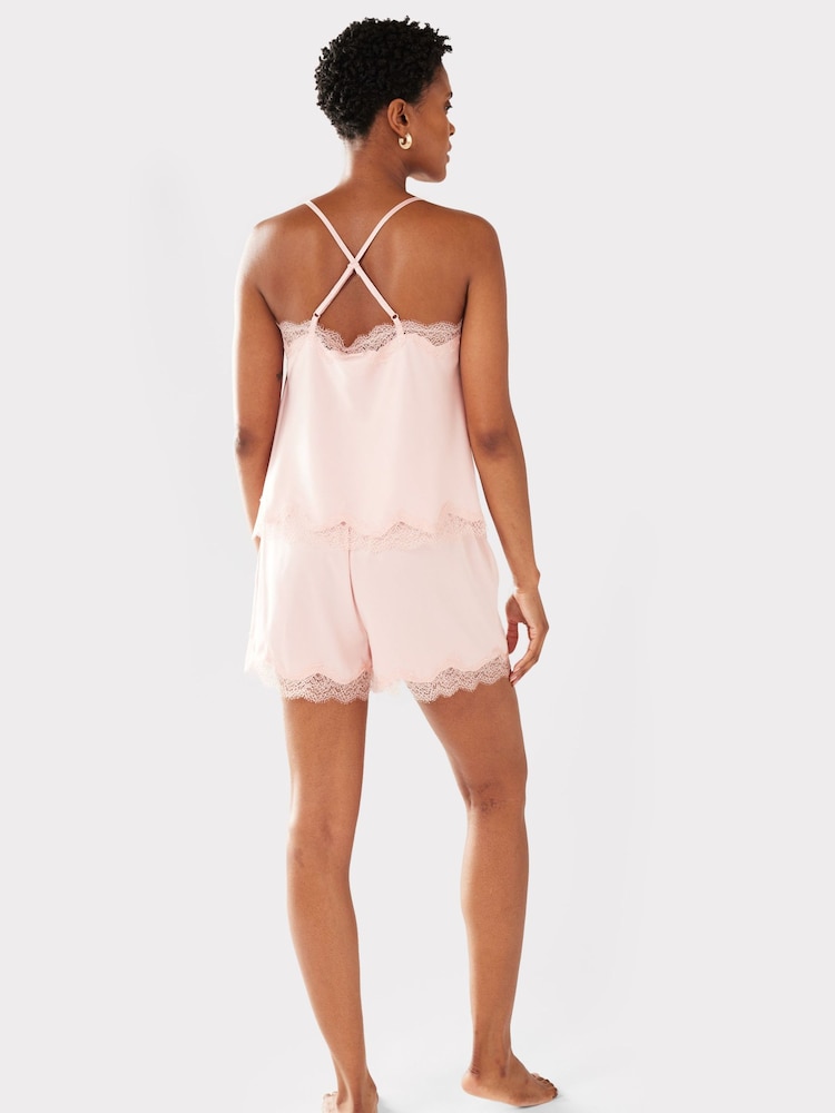 Chelsea Peers Pink Satin Lace Trim Cami Short Pyjama Set - Image 3 of 5