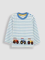 JoJo Maman Bébé Ecru Denim Blue Stripe Tractor Appliqué Border Top - Image 1 of 3