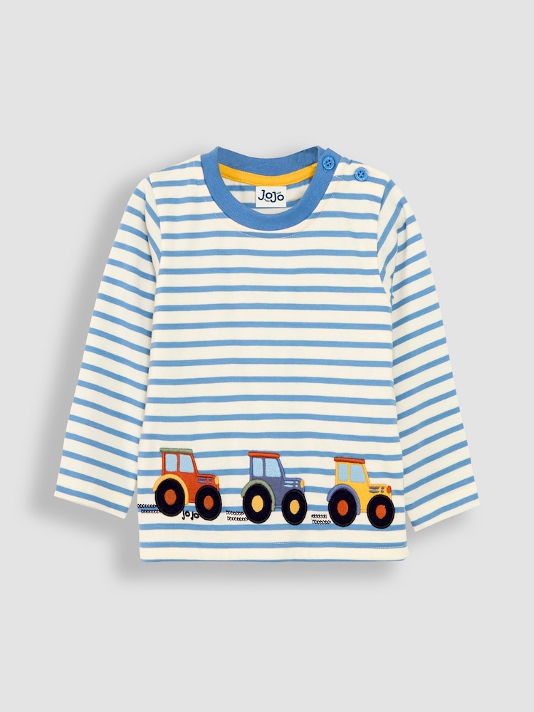 JoJo Maman Bébé Ecru Denim Blue Stripe Tractor Appliqué Border Top - Image 1 of 3